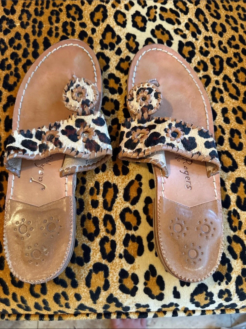 Jack Rogers Leopard-Print Haircalf Tan Leather Sandals